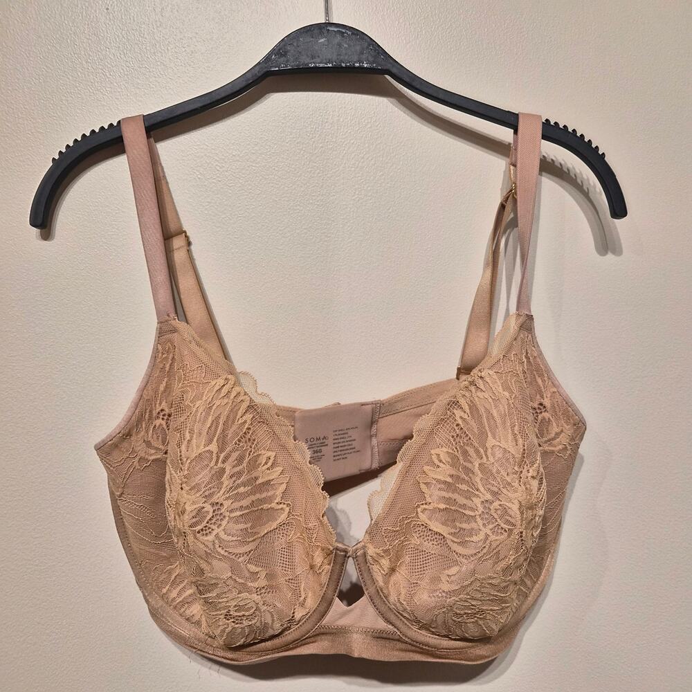 Soma 36G Lightly Lined Perfect Coverage Bra Tan Nude Lace Underwire